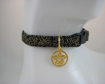 Cat Collar - Black or White Gold Stars,Floral,Lines,Black or Grey Swirl with a Gold Pentacle Pentagram Charm-Safety Release collar for Kitty