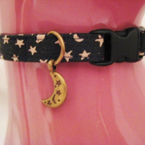 Cat Collar - Black and Dark Gold, Navy, Denim, Pink with Moon Charm - Safety Release collar with Charm for your Special Kitty