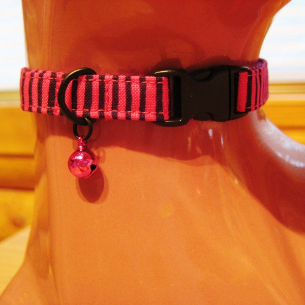 Cat Collar -  Super Diva Black and Hot Fuchsia Stripe with Pink Bell - Safety Release collar with Bell for your Special Kitty