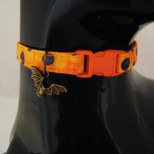 Cat Collar - Orange and Purple with Black Fabrics with Scary Bat Charm - Halloween Safety Release collar and Charm for your Special Kitty