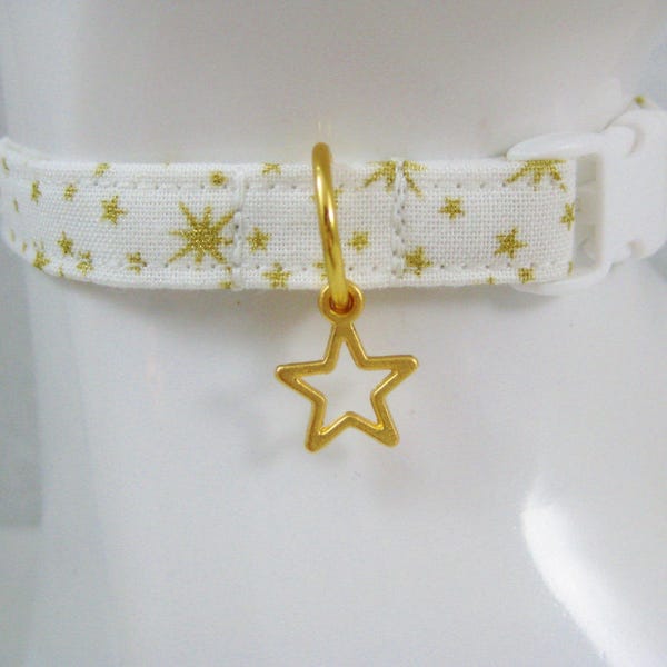 Cat Collar -  White with Metallic Gold Stars and Starbursts with a Matte Gold Star Charm - Safety Release collar for your Special Kitty