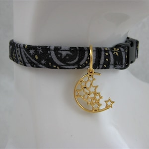 Cat Collar -  Black and Gold Swirl or Purple Gold Dots with a Gold or Purple Enamel Moon - Safety Release collar for your Special Kitty