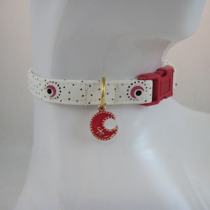 Cat Collar -  Cream or Black Crescent Moons and Stars with a Red or Black Enamel Moon Charm - Safety Release collar for your Special Kitty