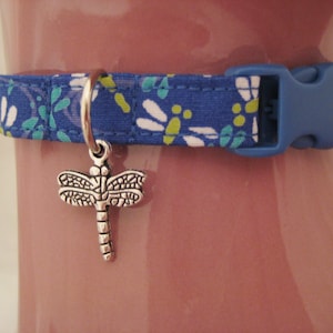 Cat Collar -  Blue Dragonfly with a Silver Dragonfly Charm - Safety Release collar with Charm for your Special Kitty