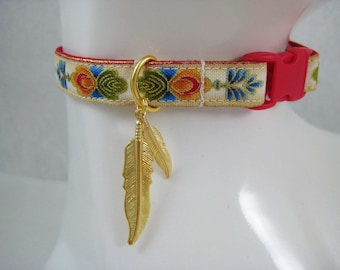 Cat Collar - Bastet Egyptian Fan Red with Gold Metallic Highlights-Safety Release Buckle, Bell and Choice of Charm for your Special Kitty