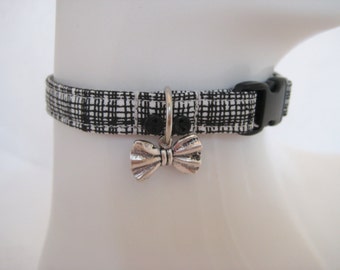Cat Collar - Director Button Down Collar Black and White Plaid with Bow Tie Charm-Handmade Fabric Collar with Safety Release for your Kitty