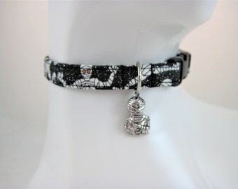 Cat Collar - Black with White Glow in the Dark Eye Balls or Mummies with Silver or Enamel Mummy Charm - Safety Release collar for your Kitty