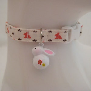Cat Collar -  Pink and White Rabbit with Rabbit Bell - Handmade Fabric Safety Release collar with Bell for your Special Kitty