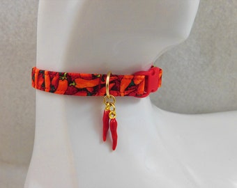 Cat Collar - Red, Yellow or Green with Chili Pepper Pattern with Chili Pepper Charms - Safety Release collar with Charm for your Sweet Kitty