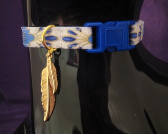 Cat Collar - Bastet Egyptian Feather Blue with Gold Metallic Highlights-Safety Release Buckle, Bell and Choice of Charm for a Special Kitty