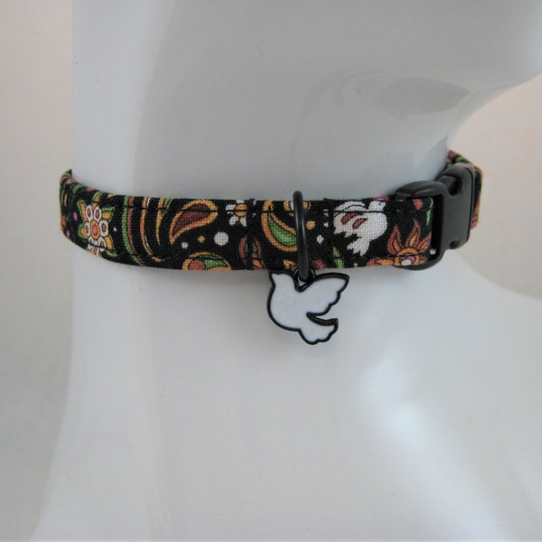 Cat Collar - Black Multi-colored Patterns with a Black Enamel White Peace Dove Charm - Safety Release collar for your Lovely Special Kitty