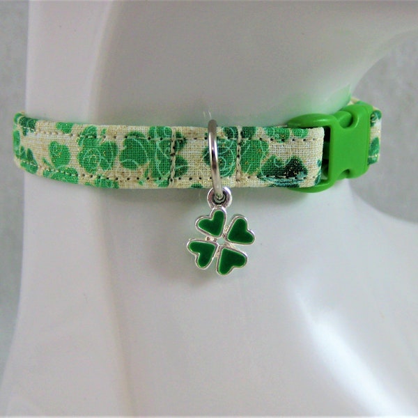 Cat Collar -  Cream with Green Glitter Shamrocks with Bright Green Silver Enamel Shamrock Charm - Safety Release collar for your Lucky Kitty