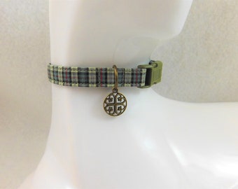 Cat Collar - Tartan Cummings Green and Black Plaid with a Bronze Celtic Charm - Safety Release collar for your Bonnie Special Kitty