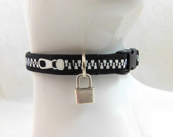 Cat Collar - Punk Black,White,Orange with Zippers and your Choice of Lock,Pin,Key,Guitar Charms - Safety Release Collar for your Rowdy Kitty