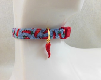 Cat Collar - Blue or Yellow with Red Chili Peppers with Red Chili Pepper Charm - Safety Release collar with Charm for your Sweet Kitty