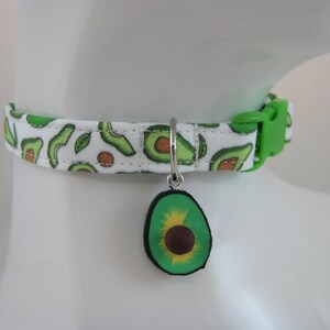 May include: A white dog collar with a green avocado pattern and a green buckle. The collar has a silver charm in the shape of an avocado. The avocado charm has a green exterior and a brown seed.