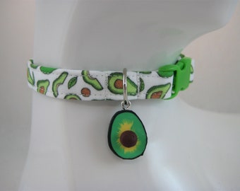 Cat Collar - White or Black with Green Avocados with a Split Avocado Charm - Safety Release collar with Charm for your Spicy Special Kitty