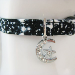 Cat Collar -  Black Metallic Constellation or Galaxy with a Silver Rhinestone Moon Star Charm - Safety Release collar for your Special Kitty