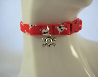 Cat Collar - Red with White Pirate Crossbones with a Silver Skull Crossbone Charm - Handmade Safety Release collar with Charm for your Kitty