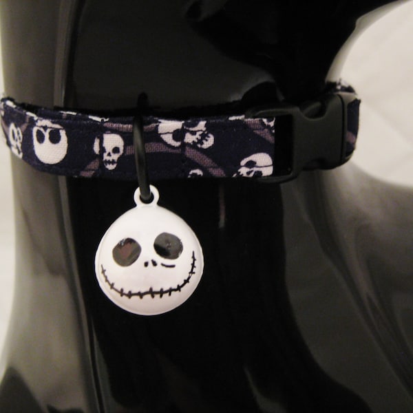 Cat Collar -  Black and Grey with Scary White Skulls or Glow in the Dark with Skull Bell - Halloween Spooky - Safety Release for your Kitty