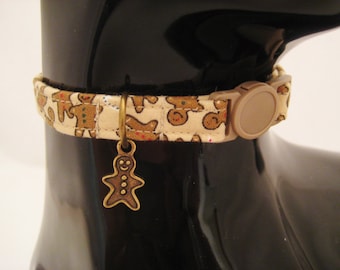 Cat Collar - Brown and Tan Gingerbread Men with Bronze Gingerbread Man Charm - Safety Release collar with Charm for your Special Kitty