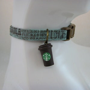 Cat Collar Coffee Motifs with Coffee Cup Charms in Black, Brown, Blue, White, Green Safety Release collar for your Active Special Kitty Green