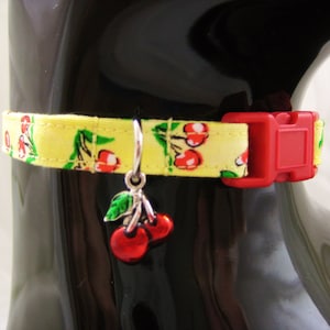 Cat Collar -  Yellow and Red Cherries with a Red Cherry Charm - Safety Release collar with Charm for your Special Kitty