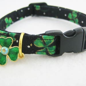 May include: Black cat collar with a green shamrock pattern and a gold-tone shamrock charm with a blue crystal center. The collar has a black plastic buckle.
