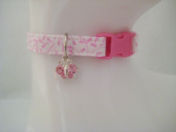 Cat Collar -  White and Purple or Pink Floral with a Purple or Pink Crystal Butterfly Charm - Safety Release collar for your Special Kitty