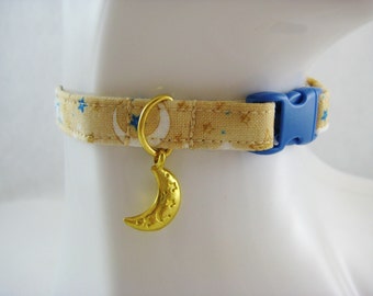 Cat Collar -  Blue and Tan or Cream and Gold Moon & Stars with a Gold Moon Charm - Safety Release collar with Charm for your Special Kitty