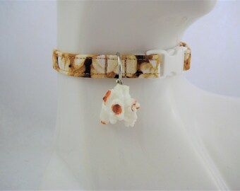 Cat Collar - Brown and White Popcorn Fabric with White and Brown Popcorn Charm - Safety Release collar with Pop Charm for your Special Kitty