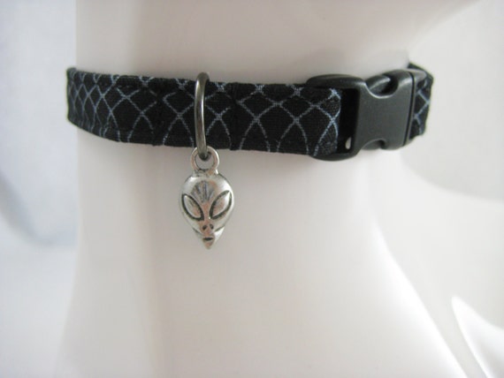 Cat Collar - Black and Grey Outer Limit Waves or Squares with Spooky Angry Pewter Alien Charm - Safety Release collar for your Special Kitty