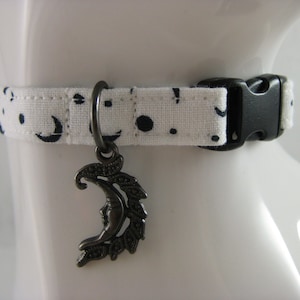 Cat Collar -  Black and White Crescent and Full Moons with a Black Moon Charm - Safety Release collar with Charm for your Special Kitty