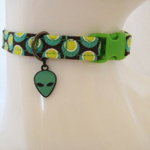 Cat Collar -  Green and Black Space dots with Spooky Glow in the Dark Roswell Alien Halloween Charm - Safety Release for your Special Kitty