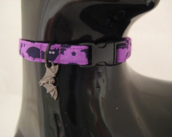 Cat Collar - Purple,White or Orange with Black Bats with Scary Bat Charm - Halloween Safety Release collar and Charm for your Special Kitty