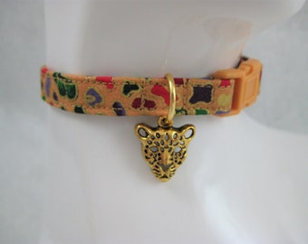 Cat Collar -  Gold Jungle Leopard Metallic Print with Gold Leopard Charm - Safety Release collar with Charm for your Furocious Special Kitty