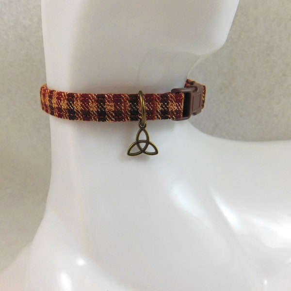 Cat Collar - Tartan Kirkton Tweed Brown Plaid with a Bronze Celtic Charm - Safety Release collar for your Bonnie Special Kitty