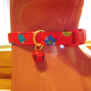 Cat Collar -  Red and Blue Cat Faces with a Red Jingle Bell - Safety Release collar with Bell for your Special Kitty