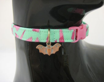 Cat Collar - Aqua Teal and Pink Buffy Vampire Slayer Spikes with Copper Bat Charm - Halloween Safety Release collar and Charm for your Kitty
