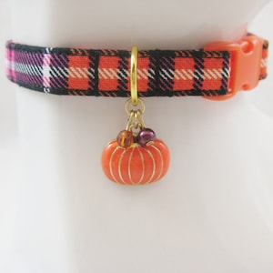 Cat Collar - Black and Orange or Yellow Halloween Plaid with Pumpkin or Bat Charm - Halloween Safety Release collar and Charm for your Kitty