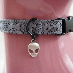 Cat Collar - Grey and Black Spaceships - Safety Release collar with Spooky Alien Halloween Charm for your Special Kitty