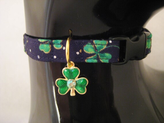 Cat Collar -  Black with Green Shamrocks with a Green Gold or Silver Enamel Shamrock Charm - Safety Release collar for your Lucky Kitty