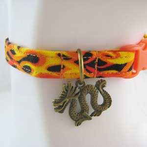 Cat Collar -  Dragon Fire Blue or Orange with a Bronze or Silver Dragon Charm - Safety Release collar with Charm for your Special Kitty