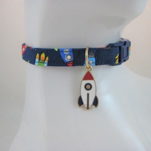 Cat Collar -  Navy with Multi-color Rockets and Spaceships with an Enamel Rocket Charm - Safety Release collar for your Space Kitty