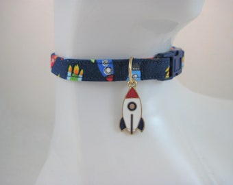 Cat Collar -  Navy with Multi-color Rockets and Spaceships with an Enamel Rocket Charm - Safety Release collar for your Space Kitty