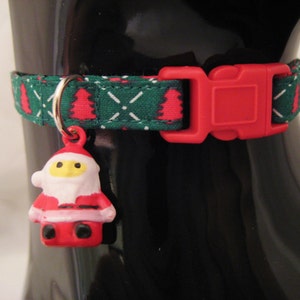 Cat Collar -  Green and Red Christmas Trees with Santa Bell - Safety Release collar with Bell for your Special Kitty