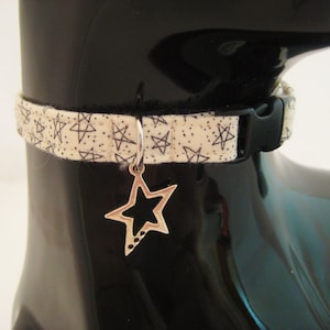 Cat Collar -  Cream and Black Stars and Dots with a Choice of Silver Star Charm - Handmade Fabric Safety Release collar for your Kitty