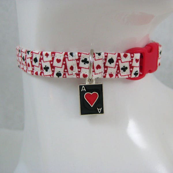 Cat Collar - Red, White and Black Mini Cards with Small Ace Enamel Card Charm - Safety Release collar for your Special Kitty