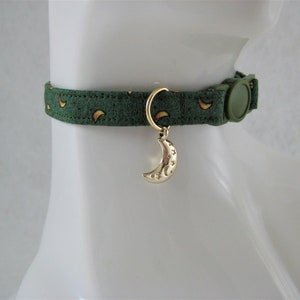 Cat Collar -  Green, Black or Maroon Fabric and Gold Moons with Rose Gold Moon Charm - Safety Release collar for your Special Kitty