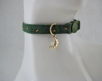 Cat Collar -  Green, Black or Maroon Fabric and Gold Moons with Rose Gold Moon Charm - Safety Release collar for your Special Kitty